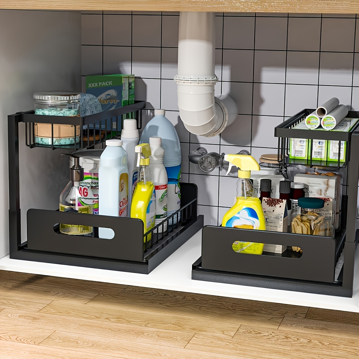 Home Essentials Bathroom Cabinet - مجموعة أرفف تخزين المطبخ تحت الحوض